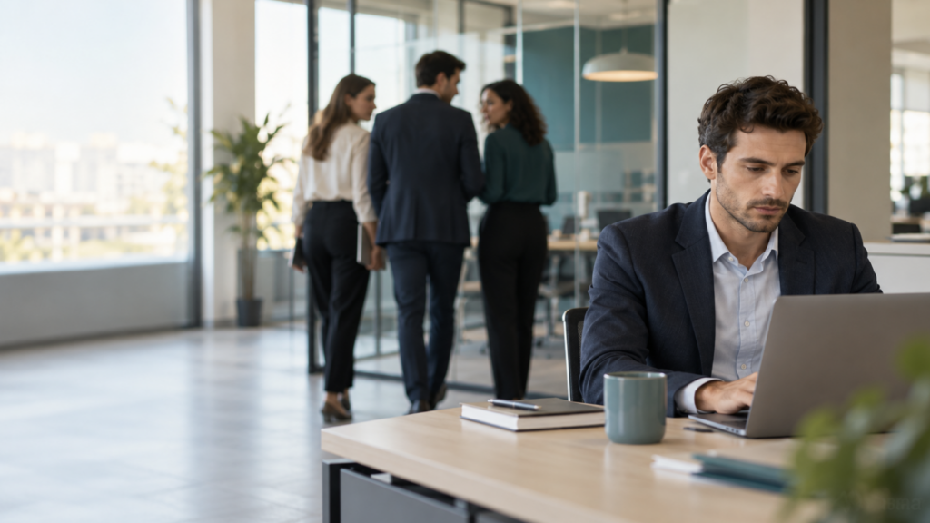 Salarié travaillant seul dans un bureau tandis que des collègues échangent à l’arrière-plan.
