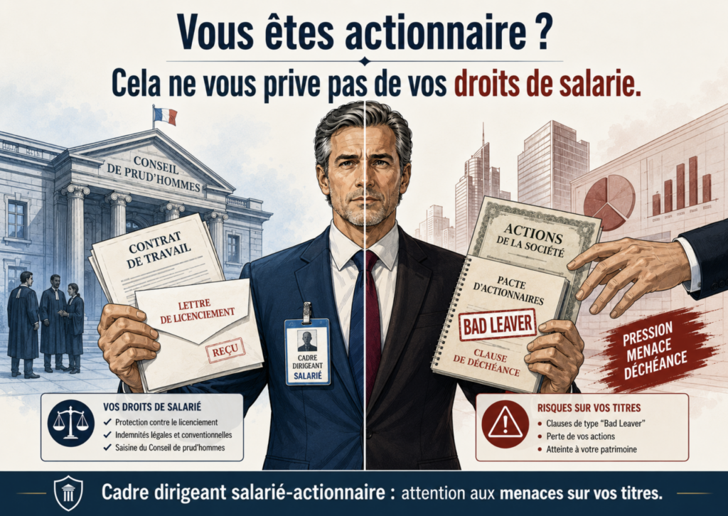 Illustration d’un cadre dirigeant salarié-actionnaire partagé entre ses droits de salarié et les risques liés à ses titres, avec contrat de travail, lettre de licenciement, actions et clause bad leaver.
