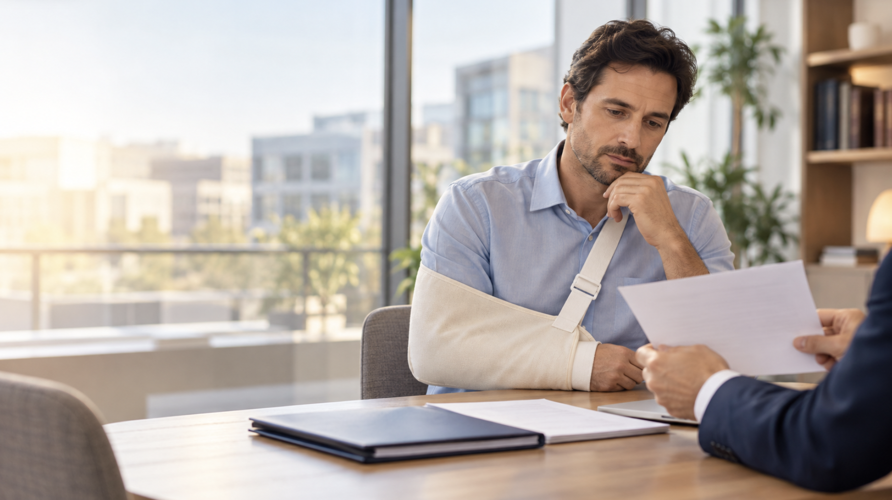 Licenciement économique pendant un arrêt pour accident du travail : ce que dit le droit 1 Un salarié au bras immobilisé consulte un avocat au sujet de son licenciement économique
